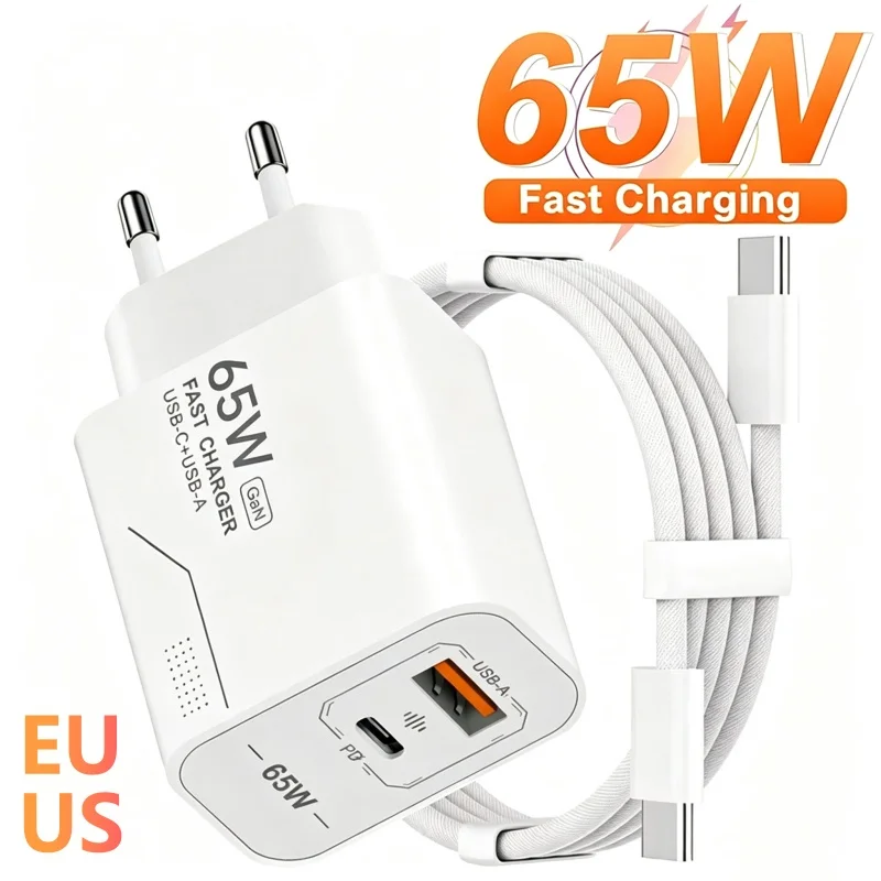 65W GaN Charger USB-A Type-C 2-Port Super Fast Charging Phone Charger EU/US Plug Wall Charger 10A Cable For iPhone Huawei Xiaomi