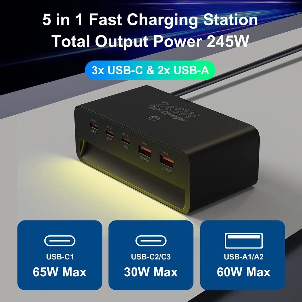245W GaN Charger 5 in 1 Desktop Fast Charger with Night Light for iPhone 17 16 15 14 Pro Max Samsung Tablets iPad Mobile Phones