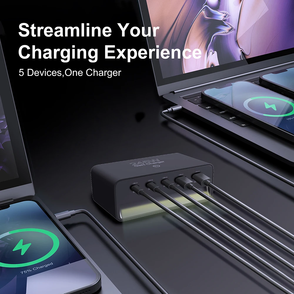 245W GaN Charger 5 in 1 Desktop Fast Charger with Night Light for iPhone 17 16 15 14 Pro Max Samsung Tablets iPad Mobile Phones