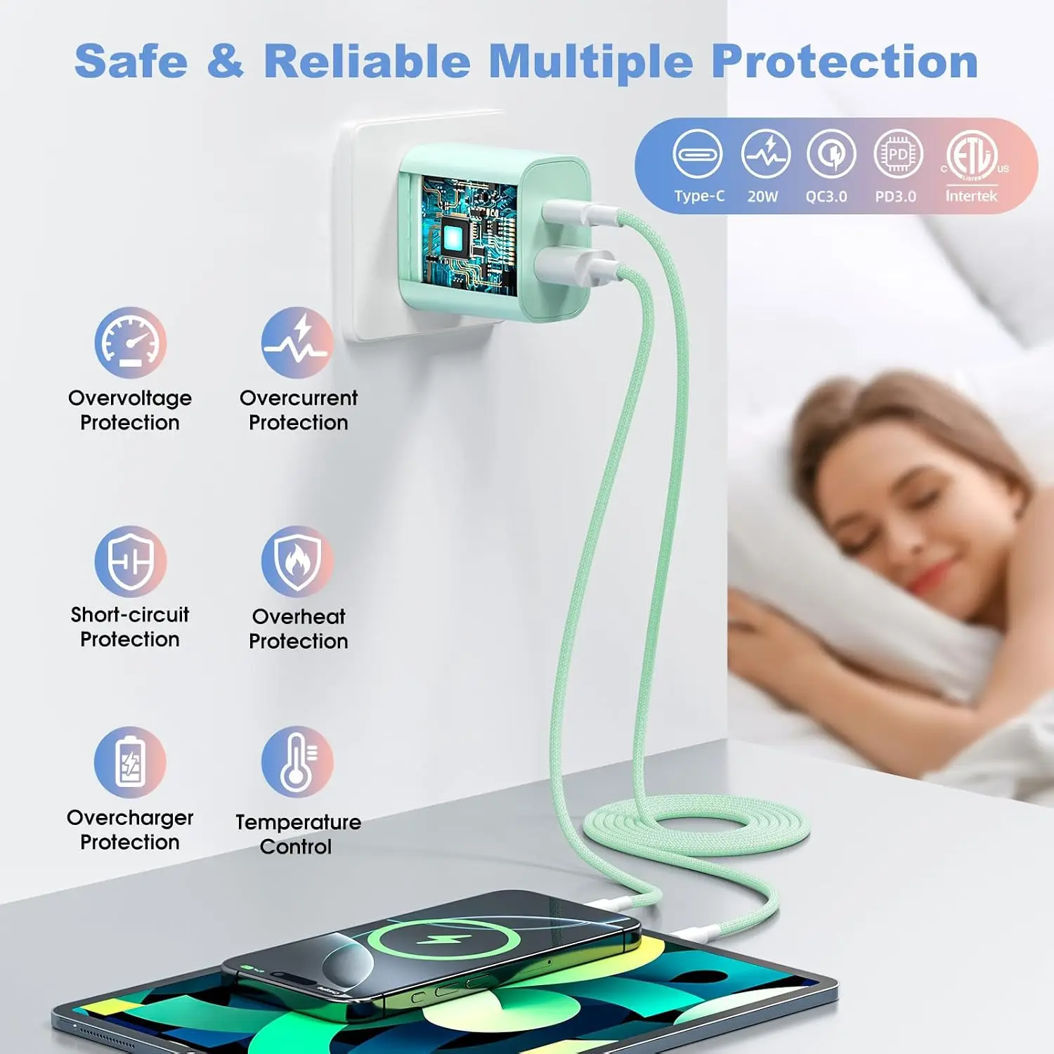 4-Pack Charger Fast Charging, 20W Dual Port Type C Charger Colorful Charger Block with 6FT USB C to C Cable for iPhone for iPad