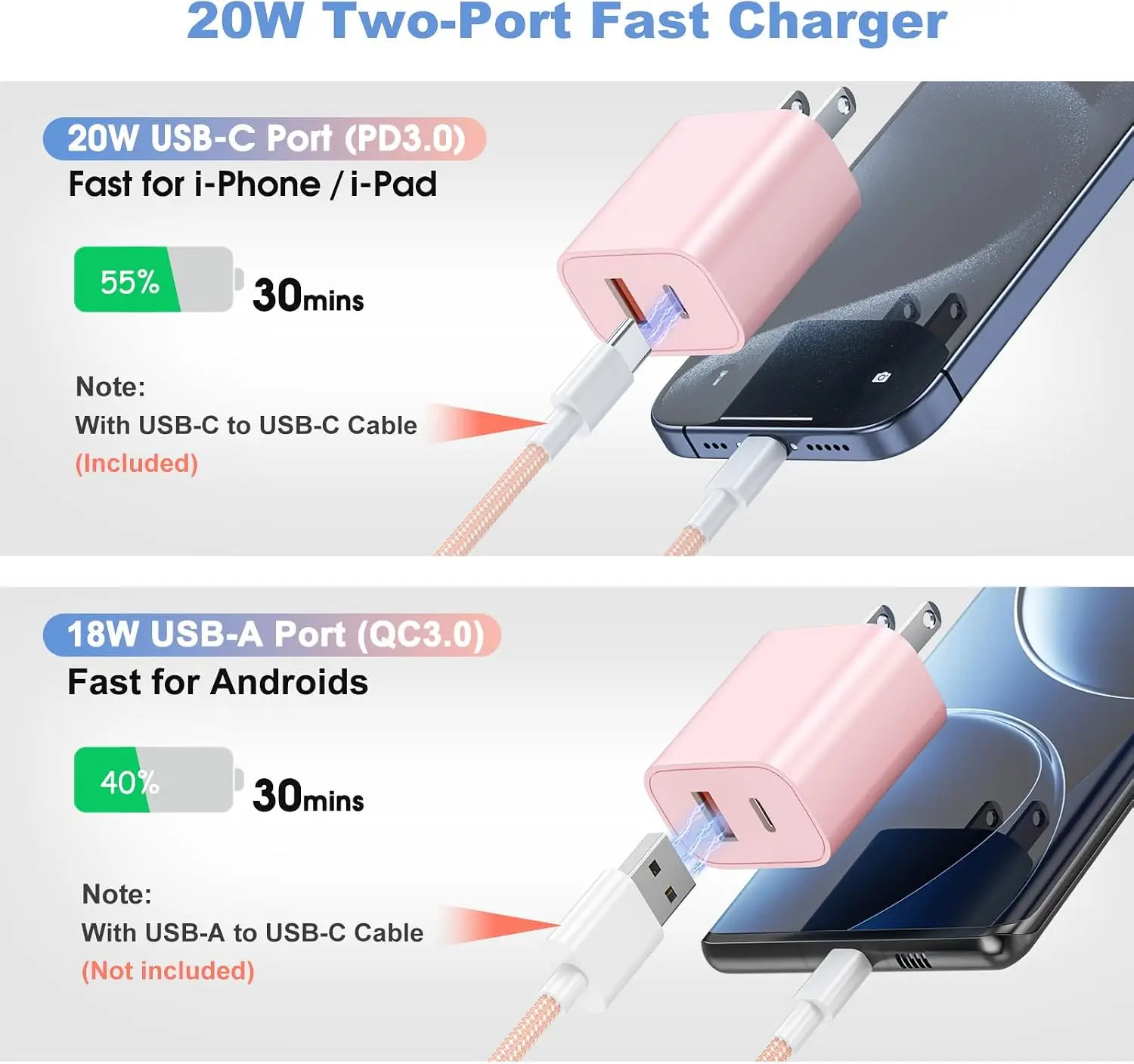 4-Pack Charger Fast Charging, 20W Dual Port Type C Charger Colorful Charger Block with 6FT USB C to C Cable for iPhone for iPad