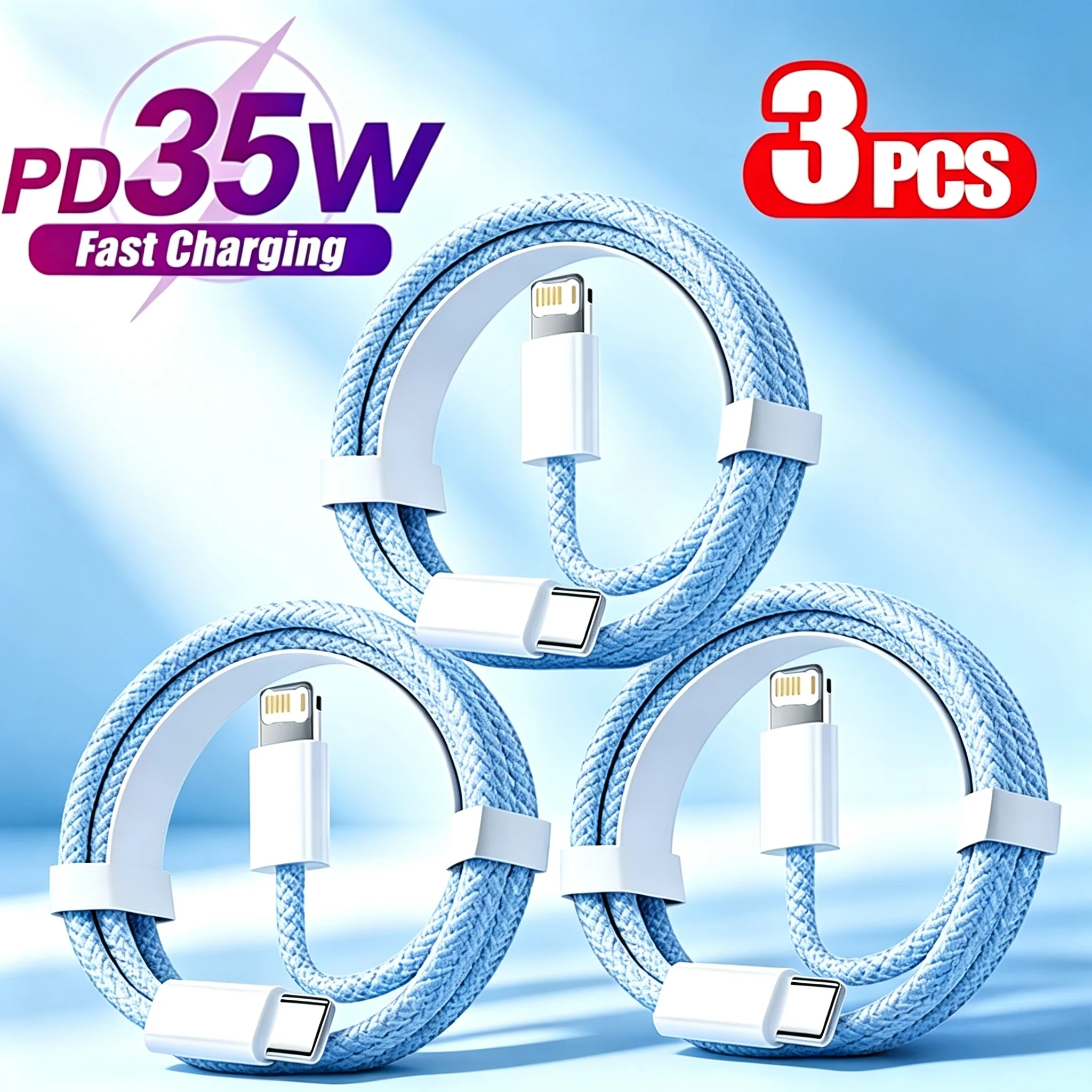 3PCS 35W PD Braided Fast Charging Cable Quick Charge Data Wire USB-C For iPhone 14 Plus 13 12 11 X XR XS MAX 8 7 6 S All Series
