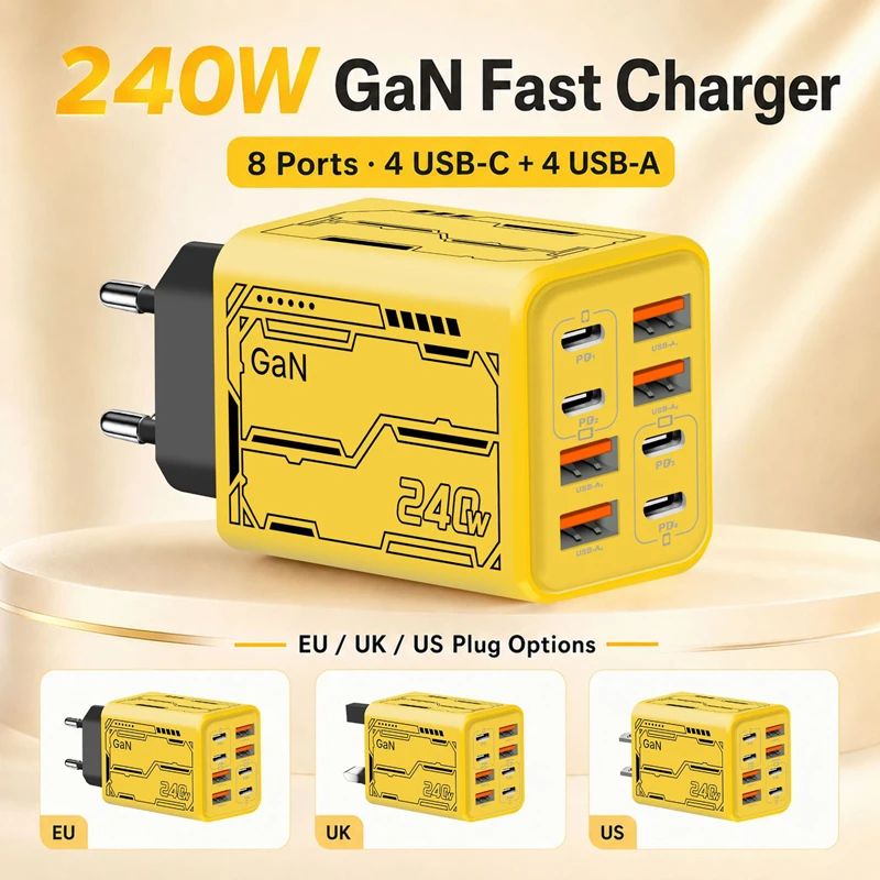 New 240W 8 in 1 USB C Charger Fast Charging Phone Charger Power Adapter For iPhone Samsung Huawei EU/US/UK Plug Wall Charger