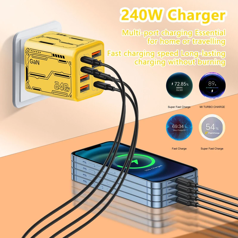New 240W 8 in 1 USB C Charger Fast Charging Phone Charger Power Adapter For iPhone Samsung Huawei EU/US/UK Plug Wall Charger
