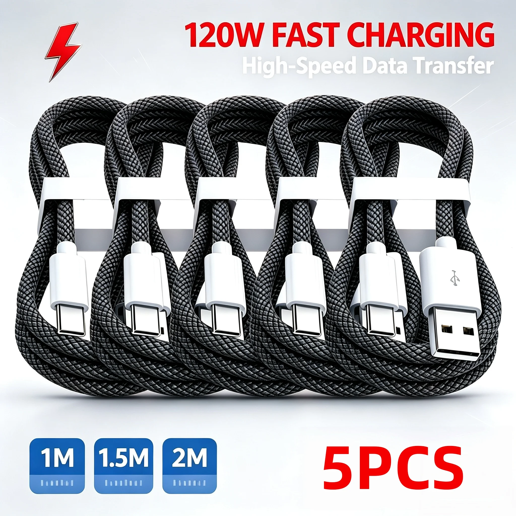 5PCS USB A to USB C 120W Fast Charging Cable, Reinforced Connector, For iPhone 17 16 15 Samsung Huawei Xiaomi Etc
