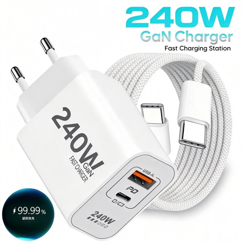 Lenovo Original 240W GaN Super Fast Charger USB PD 2 In 1 Super Fast Charging EU/US Plug For IPhone15-17 Samsung Huawei