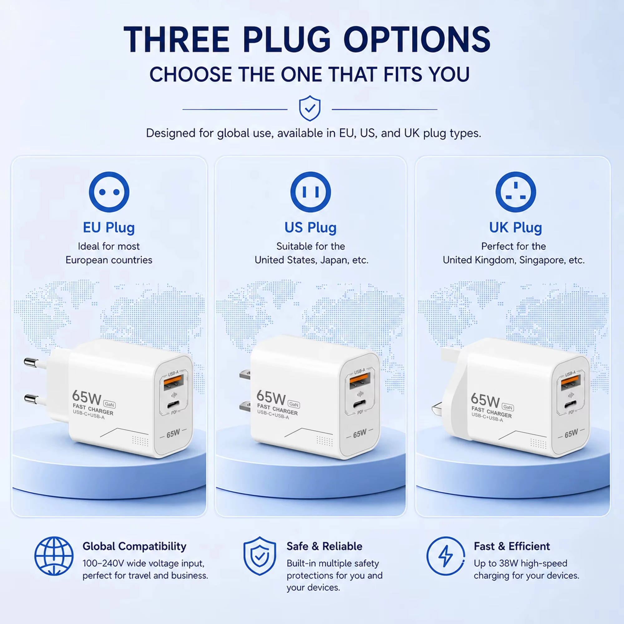 Lenovo Universal Charger PD 65W All-Protocol Smartphone Charger A+C Multi-Port Charger with EU/US Adapter and 1m Data Cable