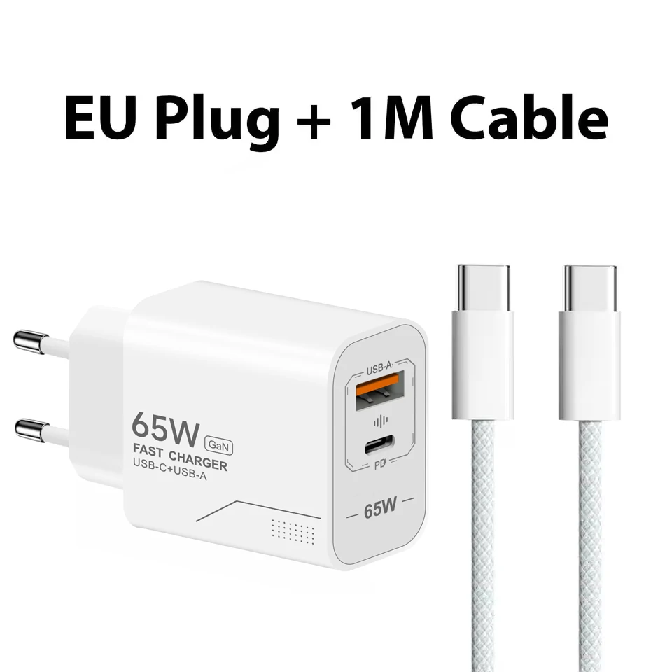 Lenovo Universal Charger PD 65W All-Protocol Smartphone Charger A+C Multi-Port Charger with EU/US Adapter and 1m Data Cable