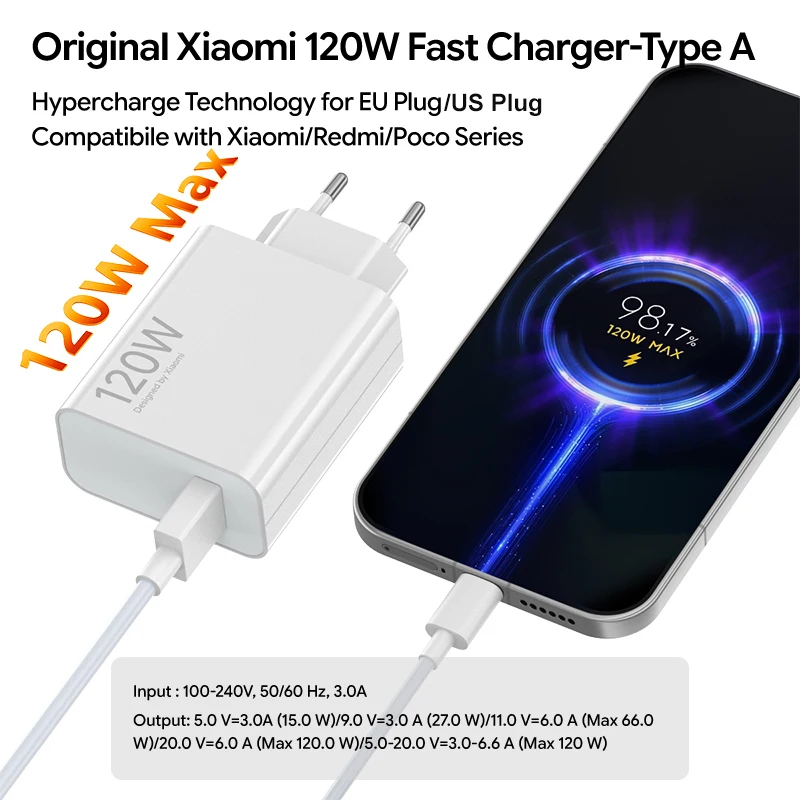 Original Xiaomi 120W 100W Charger EU US Turbo Fast Charge Charger for Mi 17 15T 14T Pro Poco X7 X8 Pro M8 F8 F9 Redmi K100 Cable