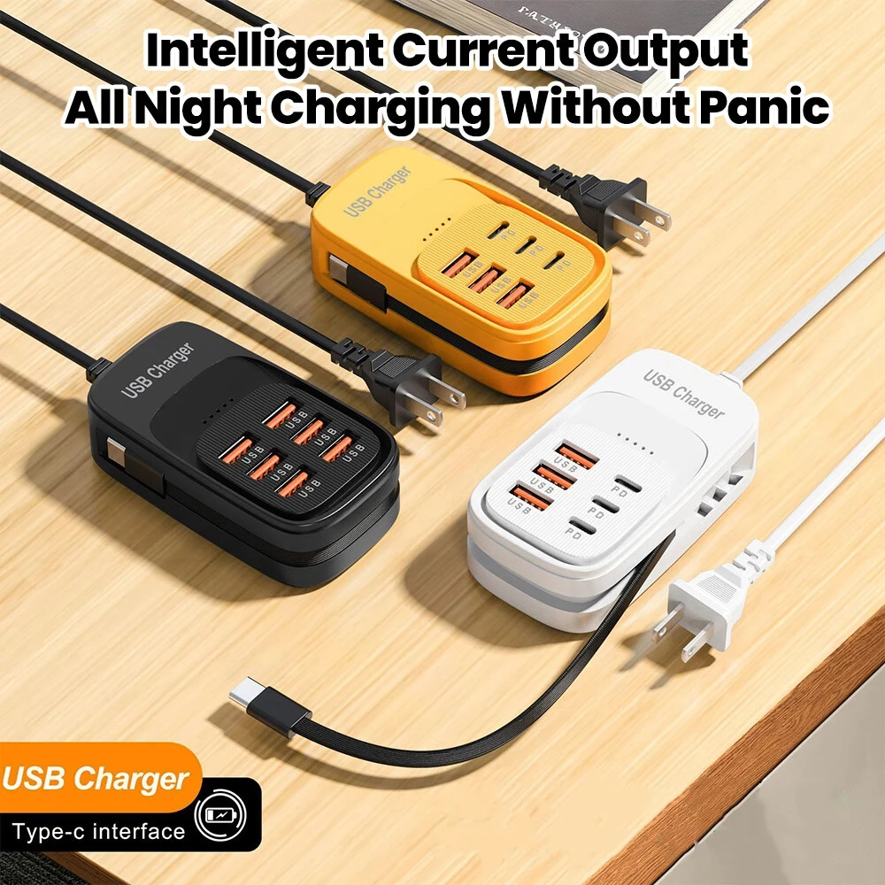 6 Ports Charger 1m USB+Type-C PD Fast Charging Phones Adapter With Type-C Cable For iPhone Xiaomi Samsung Huawei POCO Cellphones