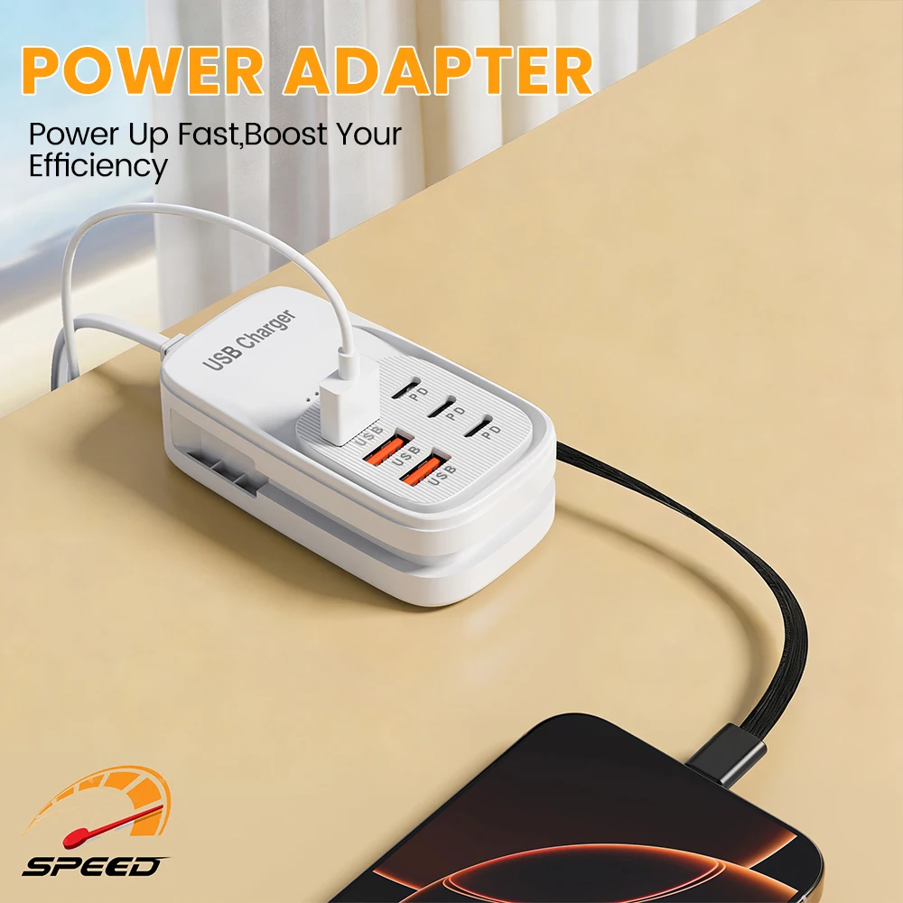 6 Ports Charger 1m USB+Type-C PD Fast Charging Phones Adapter With Type-C Cable For iPhone Xiaomi Samsung Huawei POCO Cellphones