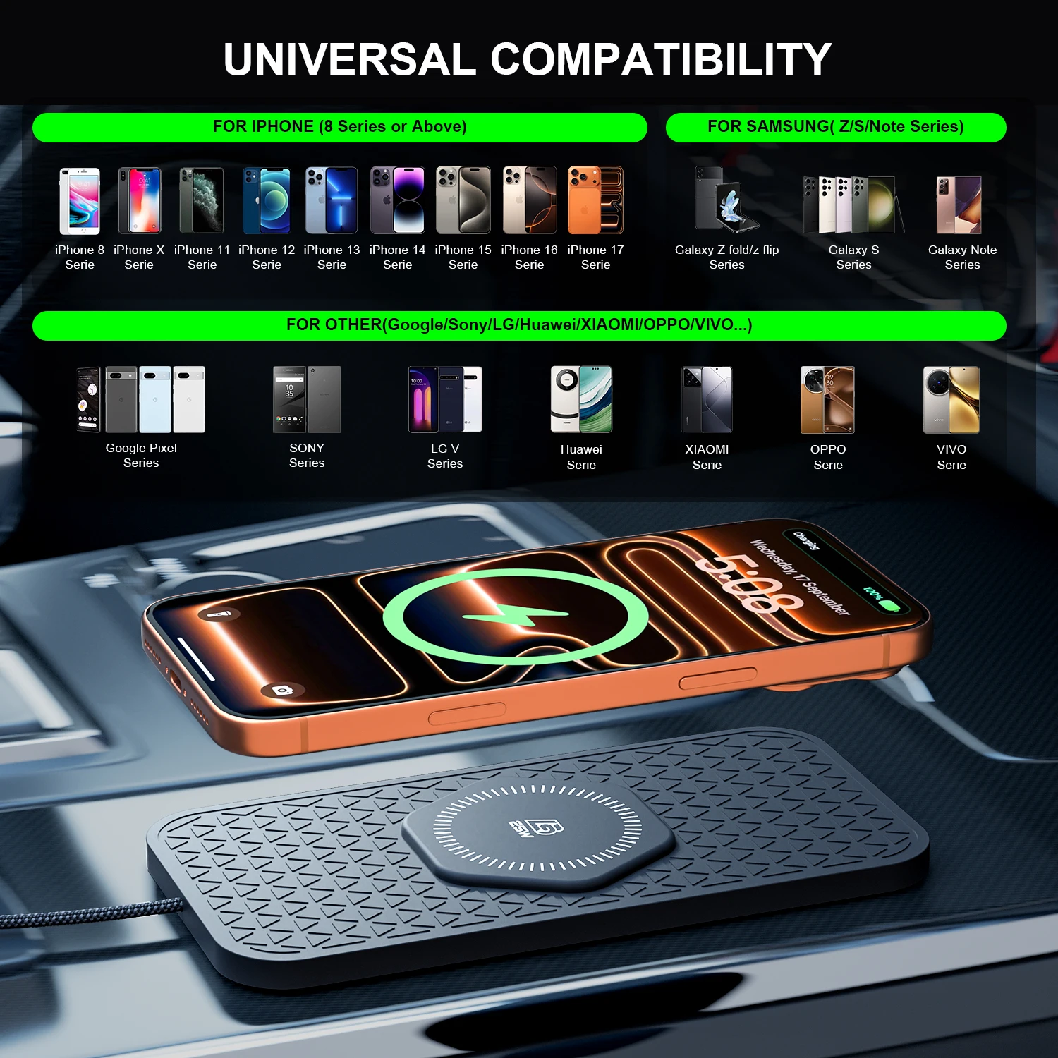 Bonola Silicone Wireless Charger Pad For Samsung S26/25/24/23 Anti Slip 25W Fast Wireless Charging For Car iPhone 17/16/15