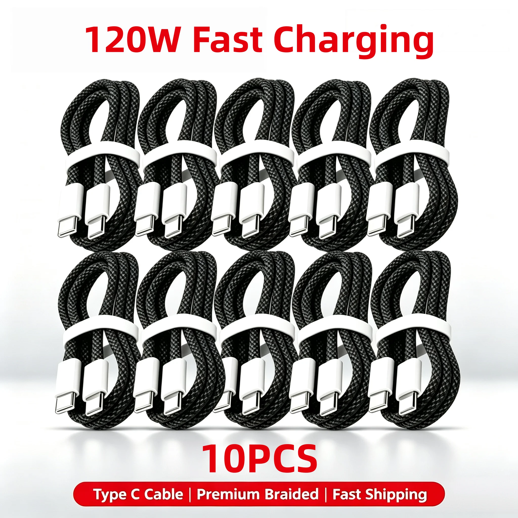 10 PCS Type C to Type-C 120W Super Fast Charging Cable, Nylon Braided Cord, Fit iPhone 17 16 15 Samsung Huawei Xiaomi Etc