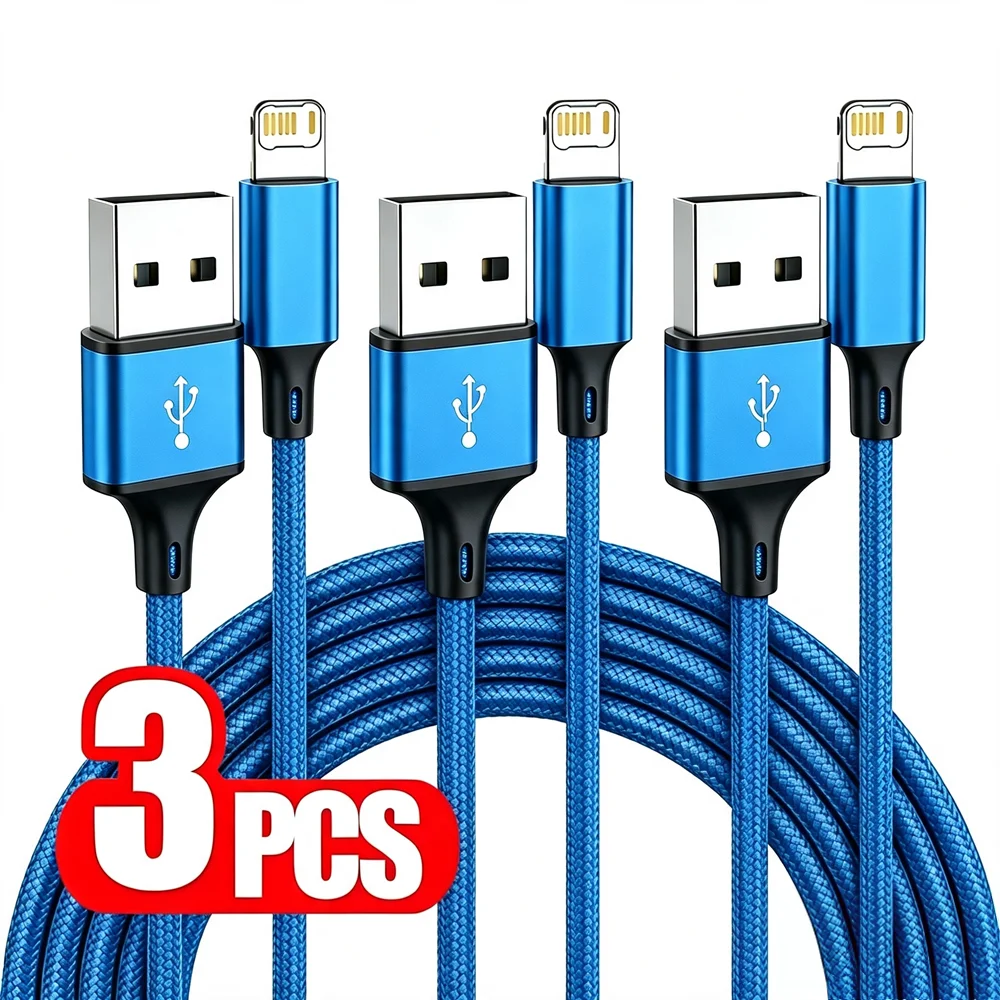 3PCS 20W USB Fast Charging Nylon Braided Cable For iPhone 11 12 13 14 Pro Max X XR XS Max SE Quick Charge USB-A Data Sync Cables