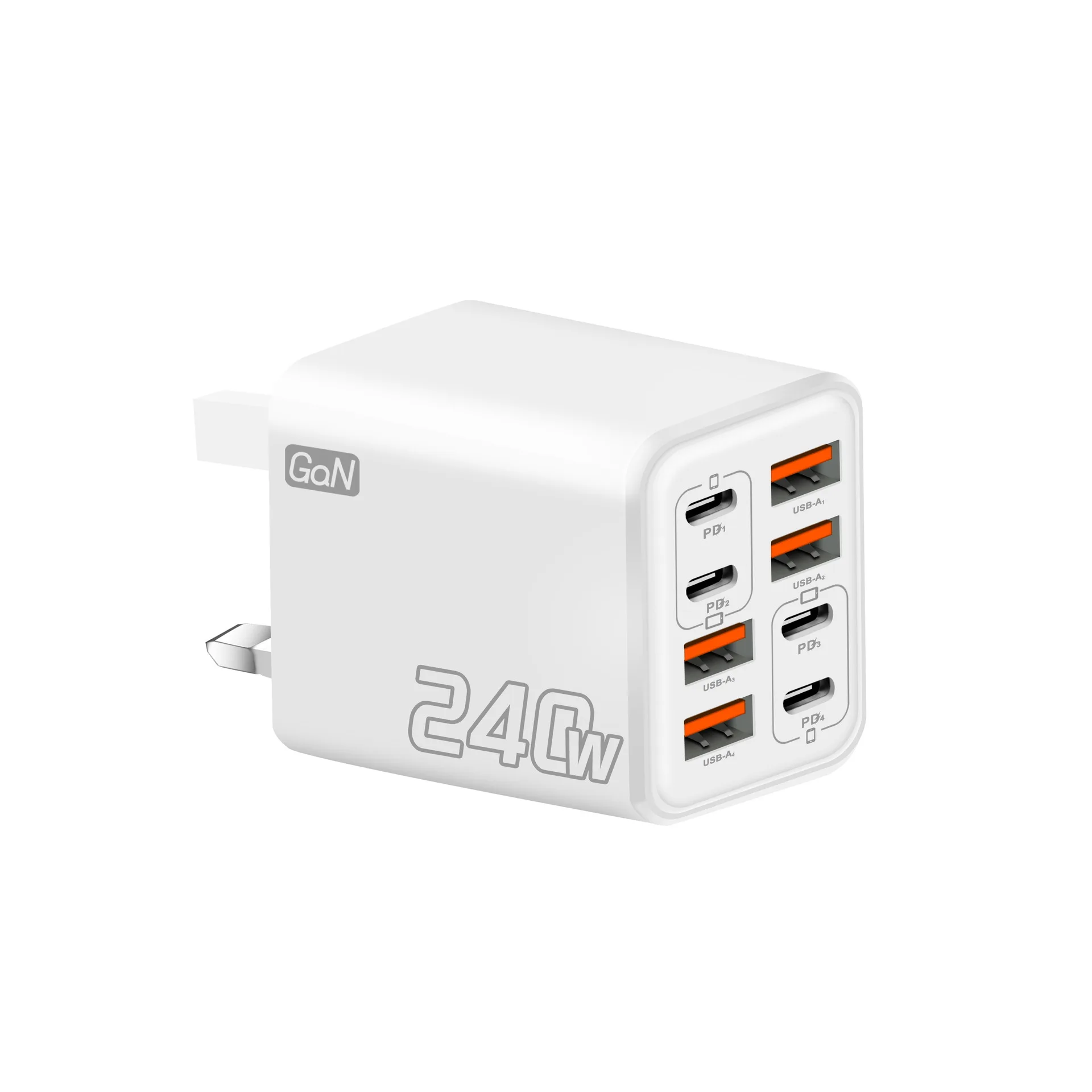 240W GaN 8 Ports Fast Charger UK Plug 4Type‑C PD +4USB‑A Multi Port Wall Charger Power Adapter For iPhone Samsung Xiaomi