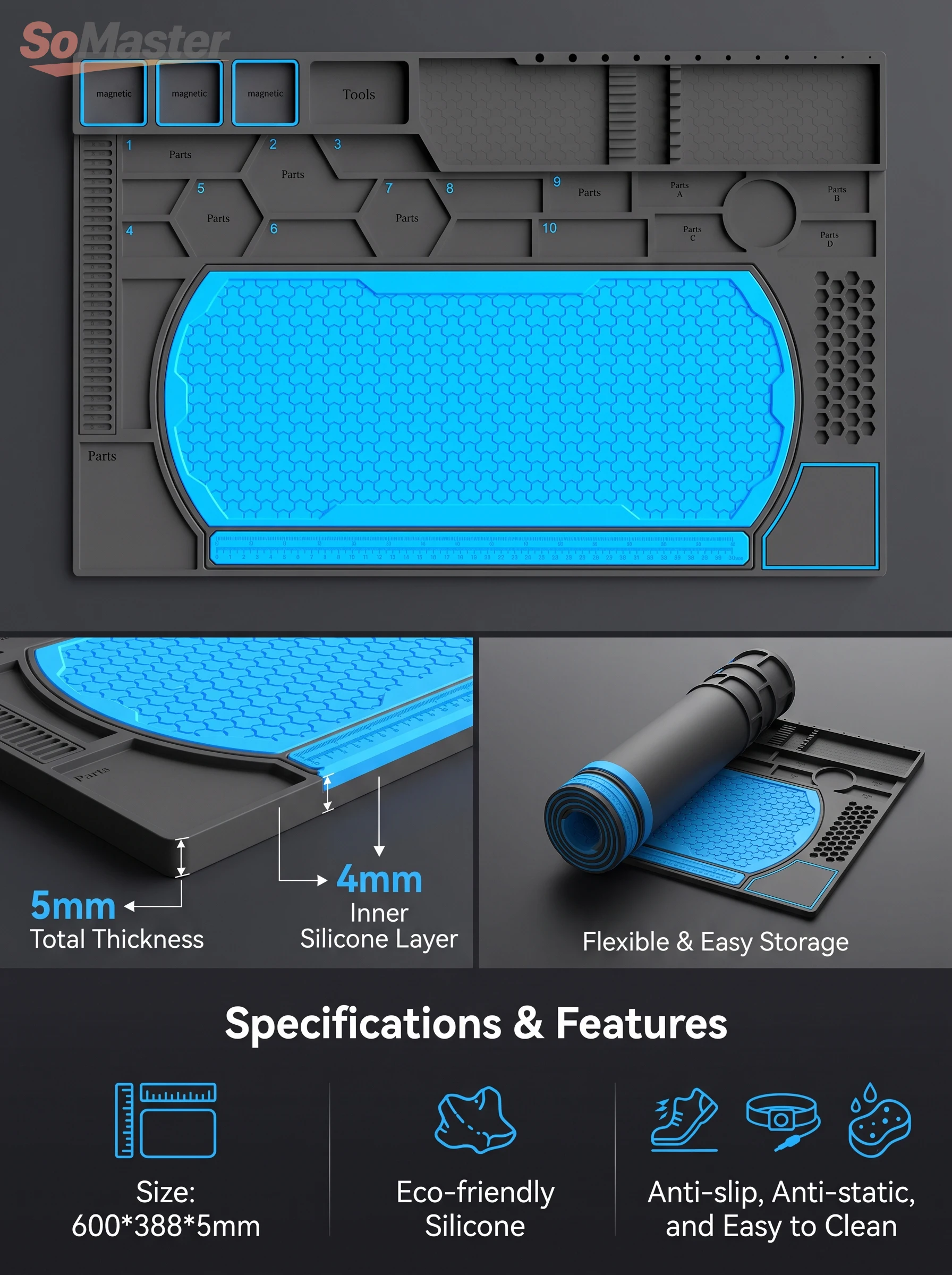 Heat Resistant Solder Mat Insulation Phone Repair Mat Screw Silicone Table Mat Set for Work Desk Maintenance Size 600MM*328MM