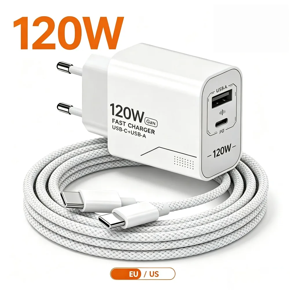 120W 2-Port GaN Type C Charger USB-C Fast Charging Wall Adapter US/EU Plug Phone Charger Compatible with iPhone Samsung Xiaomi