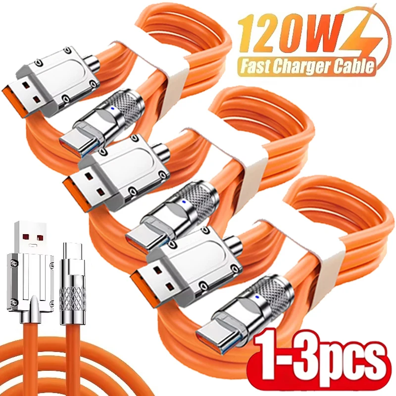 1-3PCS 120W 6A USB Type C Cable Super Fast Charging Liquid Silicone Aluminum Alloy Data Cord for Samsung Xiaomi Huawei