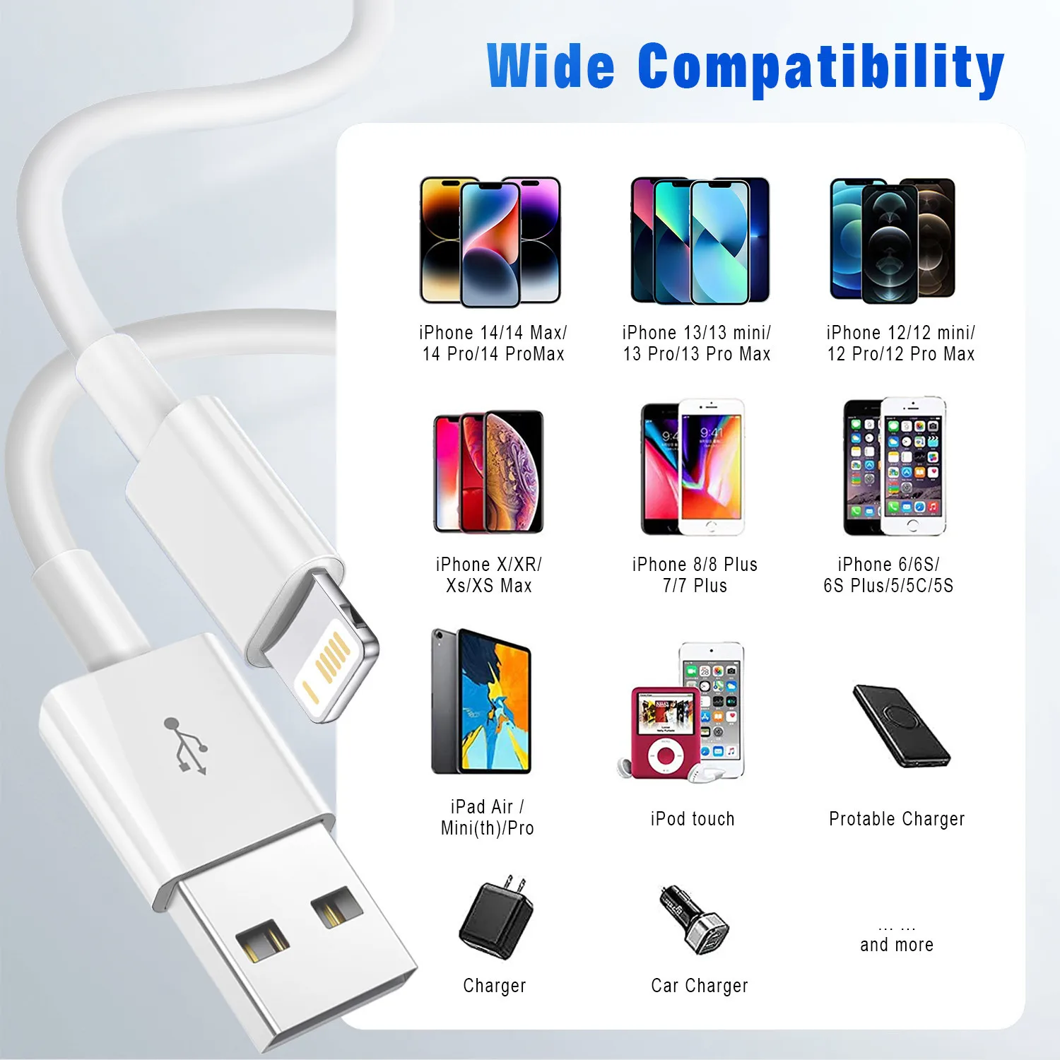 3A USB Cable Fast Charging Data Sync Cord for iPhone 14/13/12/11 Pro Max/XR 6s/7/8 Plus 3ft/6ft Lead Mobile Phone Charger Wire