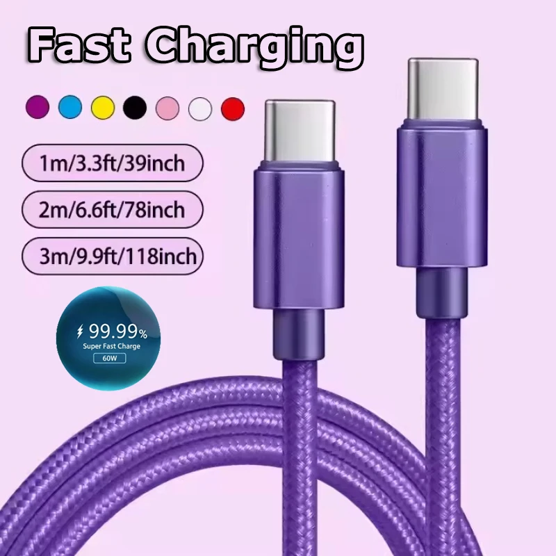 60W 5A Nylon Fast Charging Cable 1/2/3m Dual Type-C Colorful Data Cable Highspeed Data Transfer Quick Charging Wire For Xiaomi17