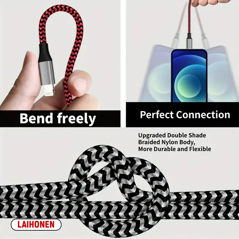 LAIHONEN USB Cable For iPhone 5 6 7 8 Plus X XS XR 11 12 13 14 Pro Max SE 1m 2m 3m Long Short iOS Data Charger Cord Fast Charge