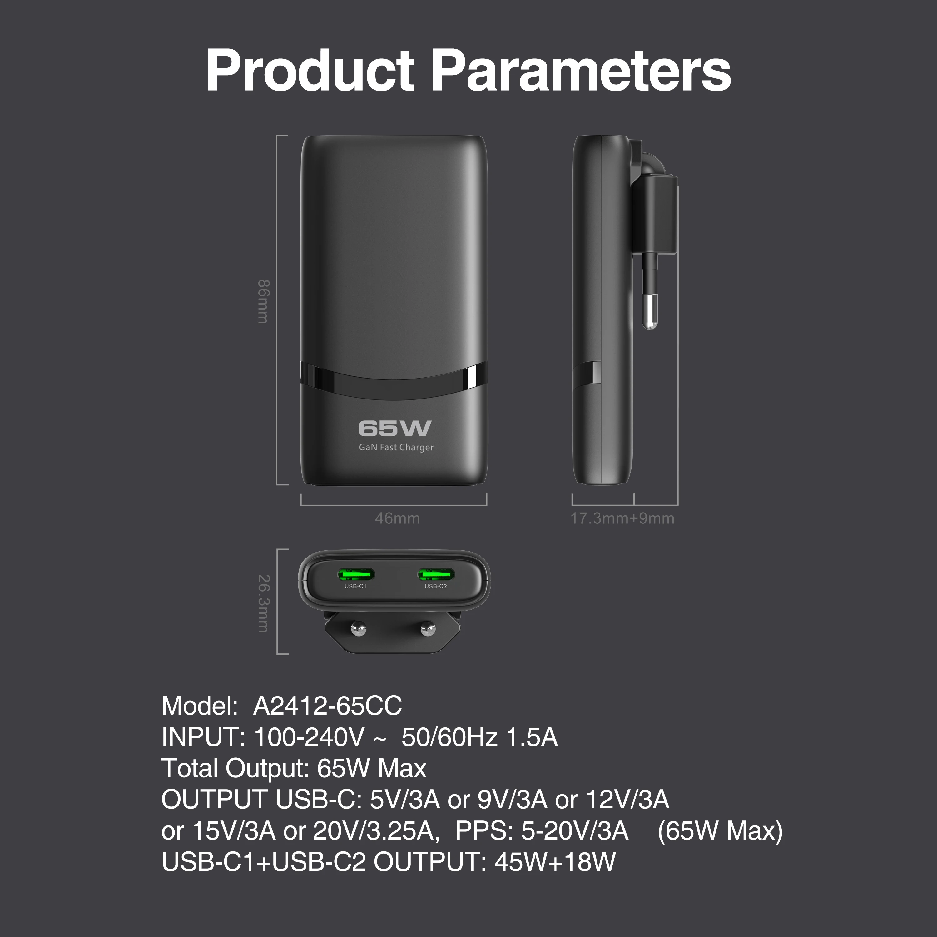 65W GaN 2-port Flat USB-C Wall Charger With USB C Fast Charging Ultra-thin Foldable Plug Suitable For iPhone Xiaomi Samsung