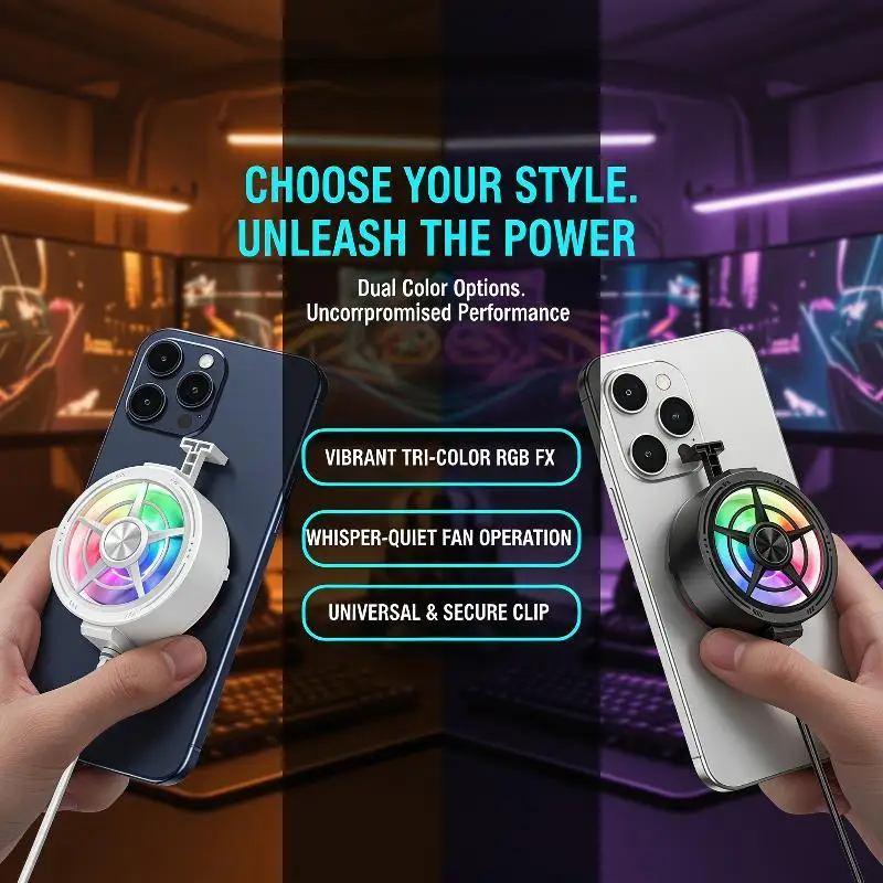 Clip On Phone Cooler Fan Low Noise RGB Light USB Powered Fast Phone Radiator for Outdoor Vlogging Gaming