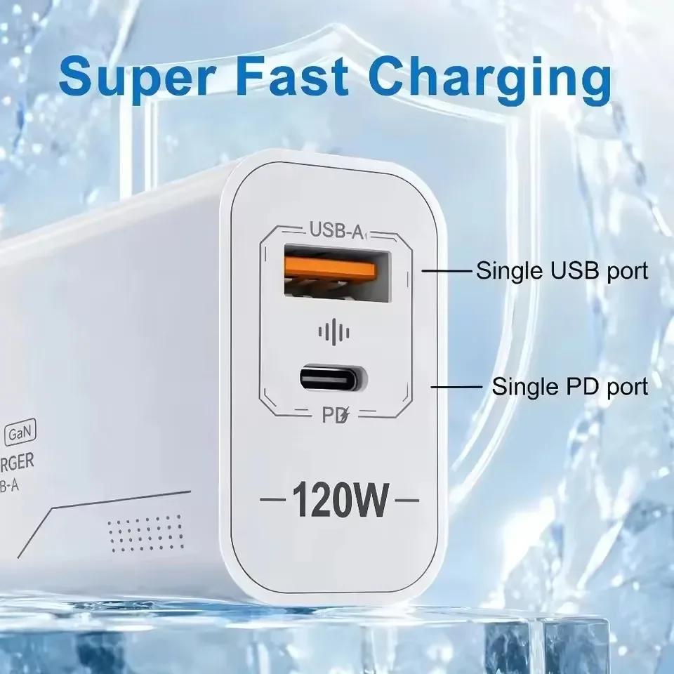 120W Fast Charging Charger 2-Port Wall Adapter US/EU Plug Phone GaN Charger Type C Charging Cable For iPhone Samsung Xiaomi