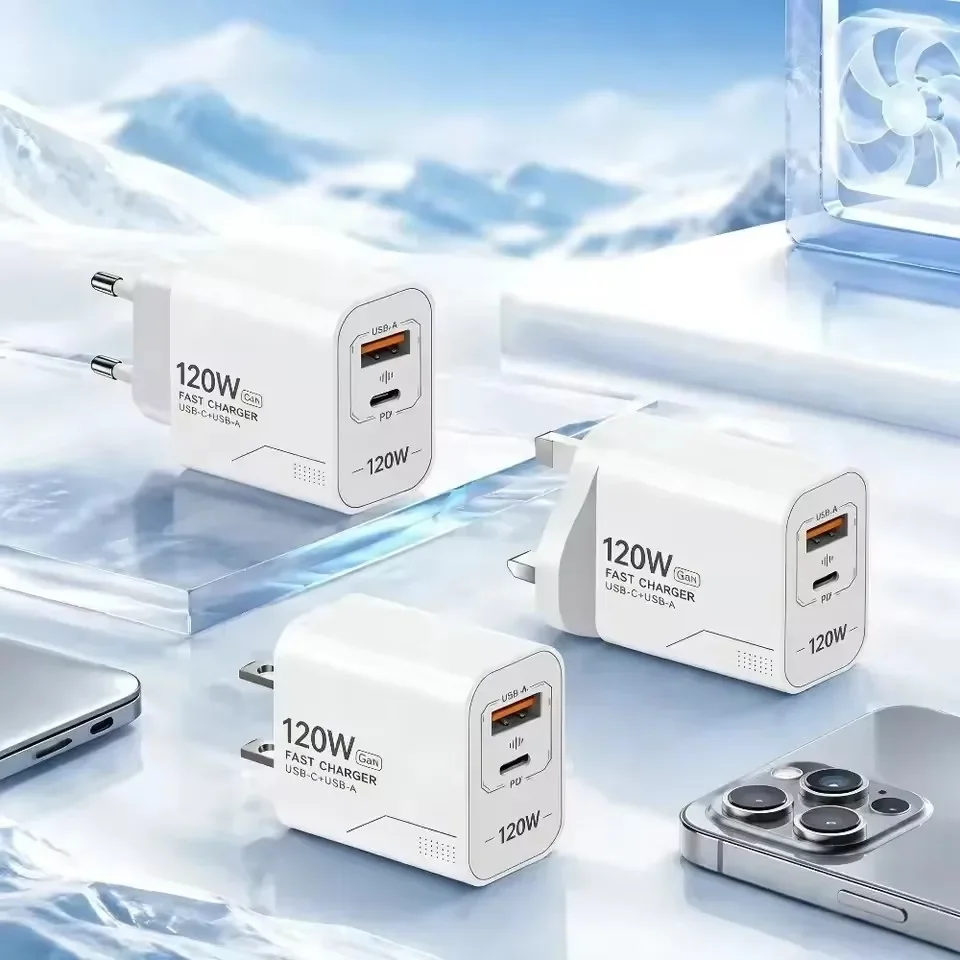 120W Fast Charging Charger 2-Port Wall Adapter US/EU Plug Phone GaN Charger Type C Charging Cable For iPhone Samsung Xiaomi
