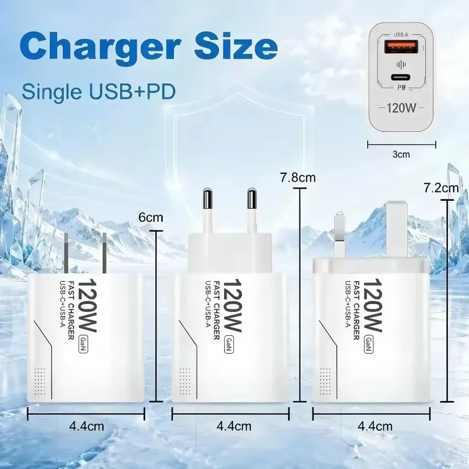 120W Fast Charging Charger 2-Port Wall Adapter US/EU Plug Phone GaN Charger Type C Charging Cable For iPhone Samsung Xiaomi