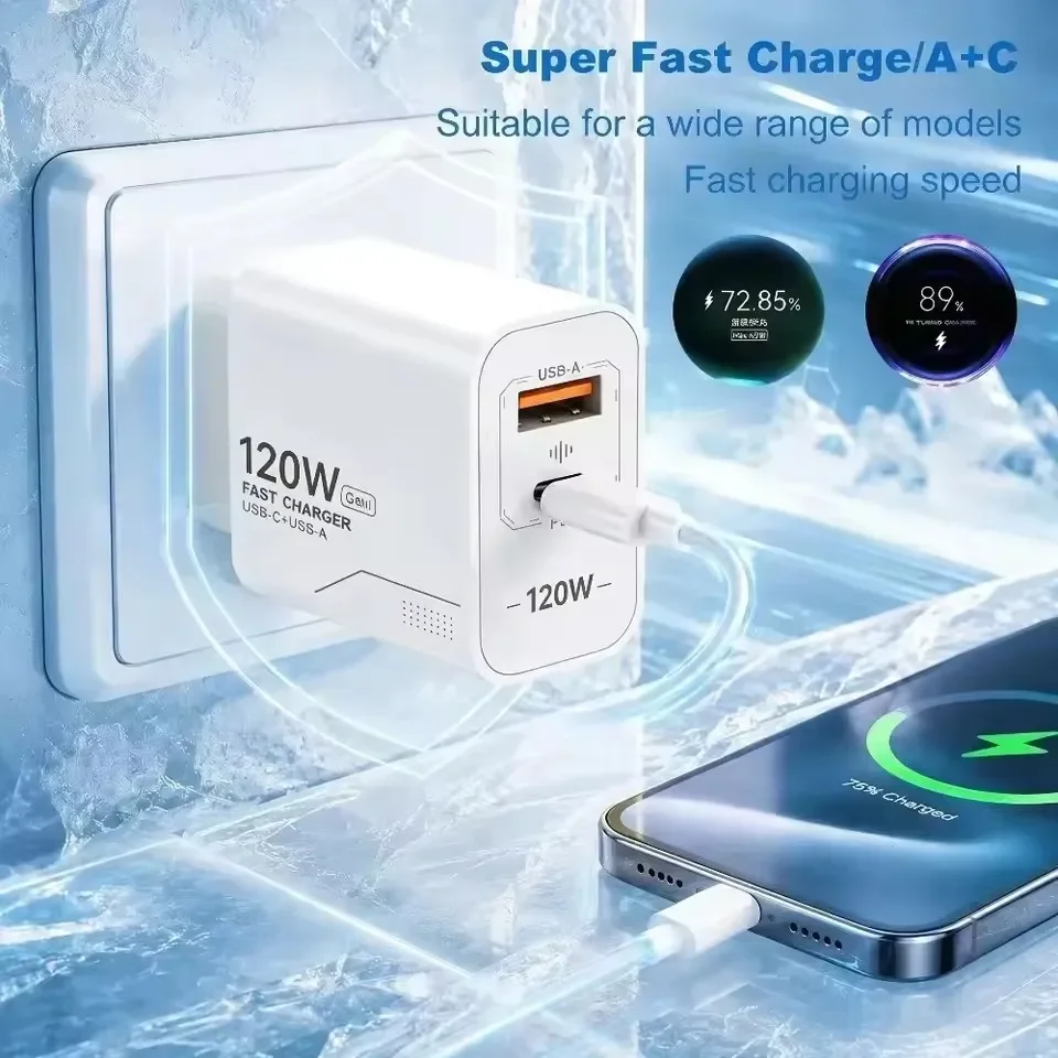 120W Fast Charging Charger 2-Port Wall Adapter US/EU Plug Phone GaN Charger Type C Charging Cable For iPhone Samsung Xiaomi