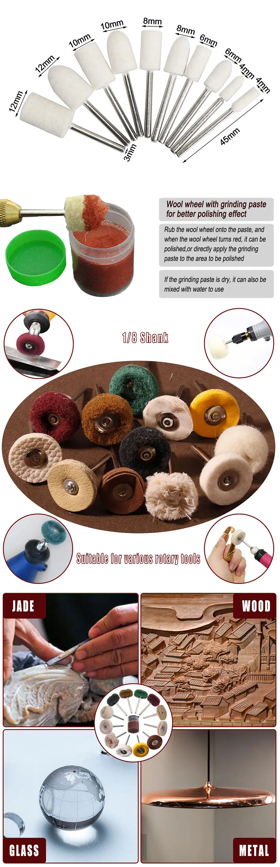 Polishing Buffing Wheel For Dremel Rotary Tool Accessories Cotton Wool Felt Jewelry Buffing Drill Kit