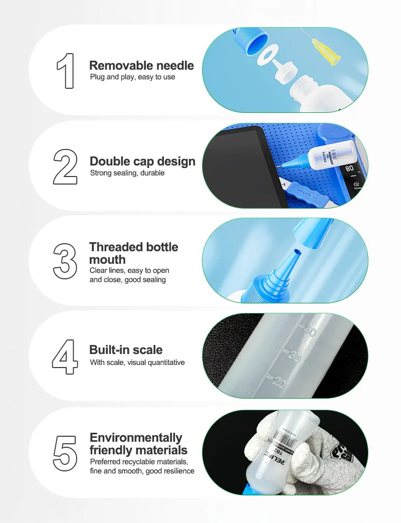 5pcs TB2  50ML Empty Plastic Bottle Phone Repair Squeeze Bottle for Alcohol Soldering Flux Rosin Dispenser With Needle