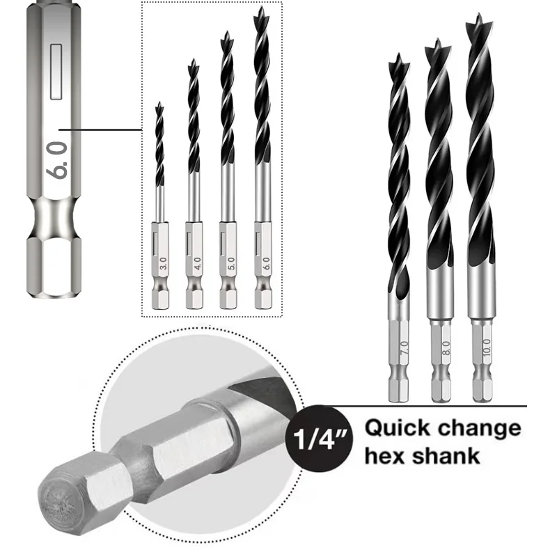 3/5/7PCS 3/4/5/6/7/8/10mm 1/4 Hexagonal Handle Three Pointed Woodworking Drill Bit Set Woodworking Hole Reaming Power Tool
