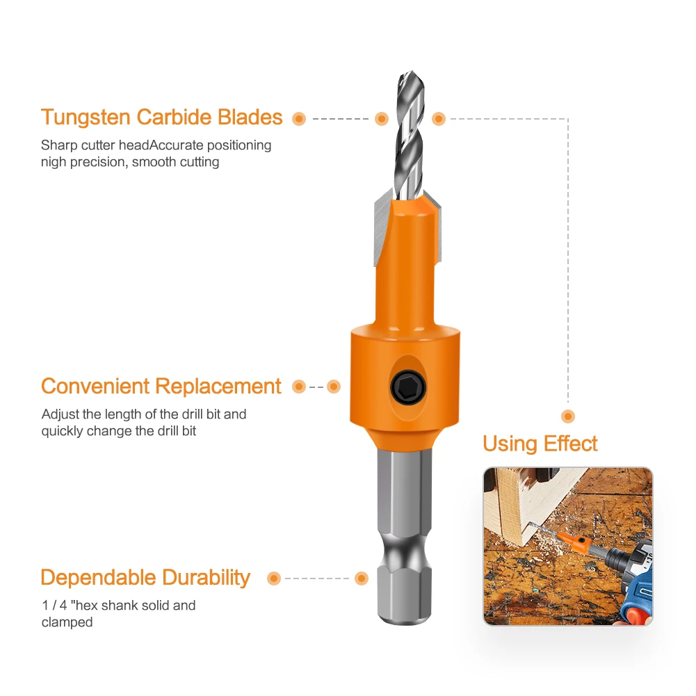 Countersink Wood Drill Bit 6.35mm Hex Shank Sink Hole Cutter For Hiding Screw Hole Woodworking Drilling Tool