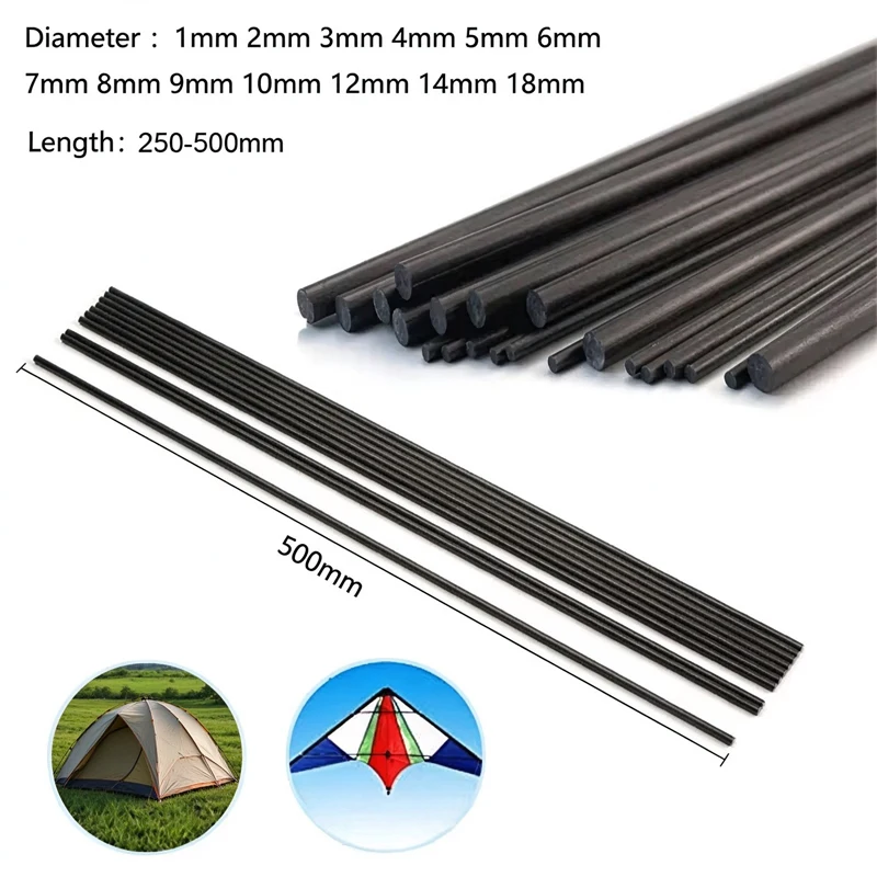 Solids Carbon Fiber Rod 1MM 2MM 3MM 4MM 5MM 6MM 7MM 8MM -18MM (250-500MM) Reinforcement Rod High Strength Light Weight for DIY
