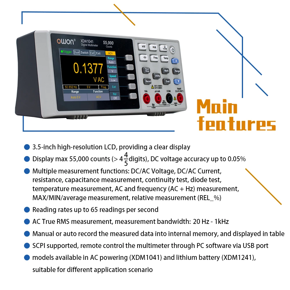 OWON XDM1041 XDM1241 4 1/2 Digital Multimeter Portable Bench True RMS DC/AC Current Voltage USB Multimetro Tester Meter SCPI