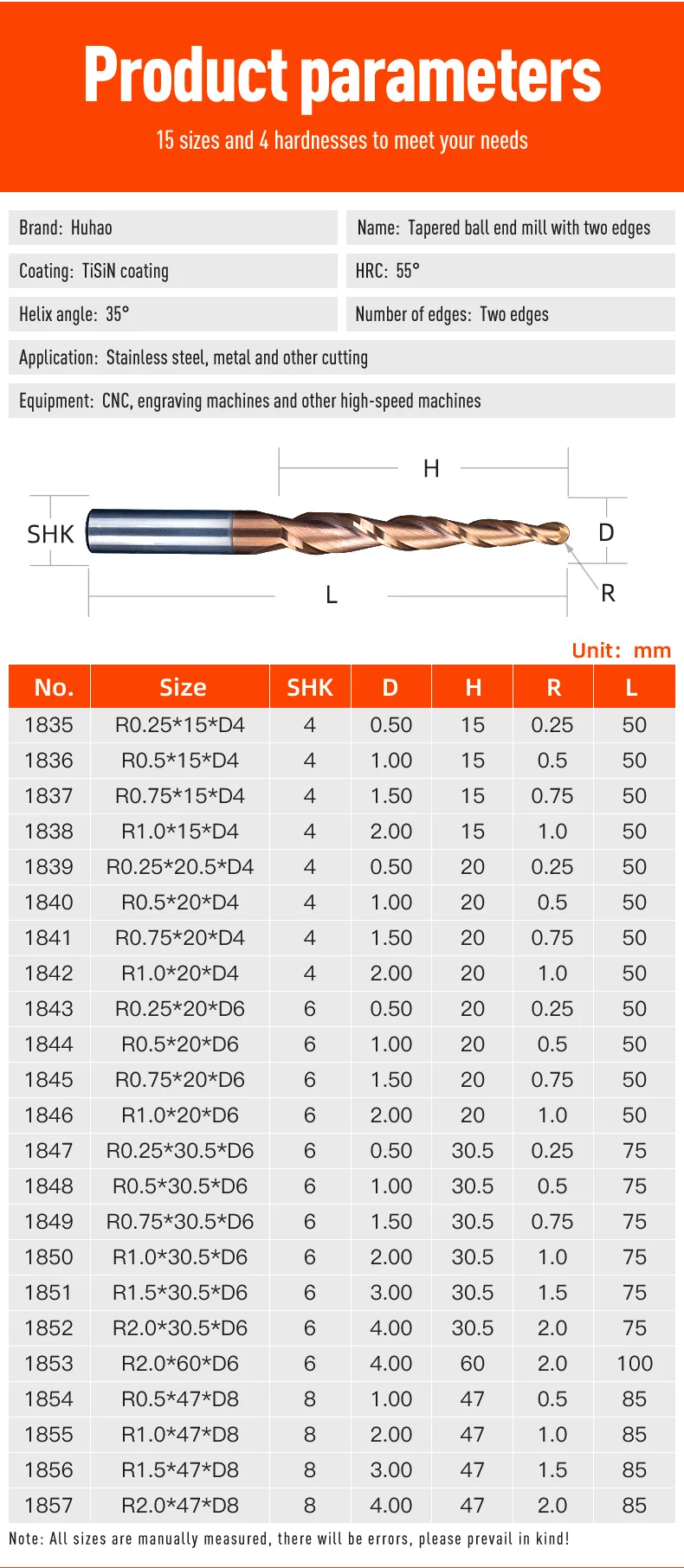 HUHAO Spiral Ball Nose Tapered End Mill Engraving Bit HRC55 CNC End Mill 4mm 6mm 8mm 3D Carving Bits Wood Metal Tools