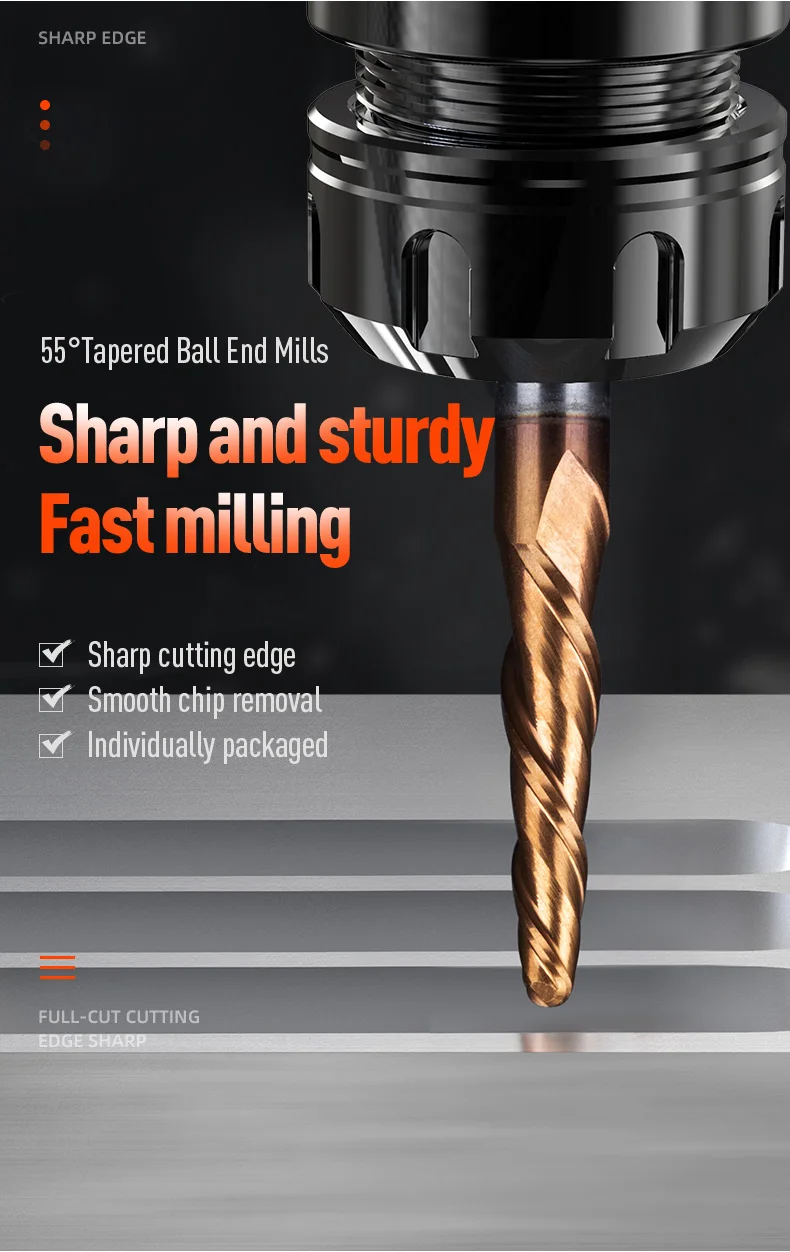 HUHAO Spiral Ball Nose Tapered End Mill Engraving Bit HRC55 CNC End Mill 4mm 6mm 8mm 3D Carving Bits Wood Metal Tools