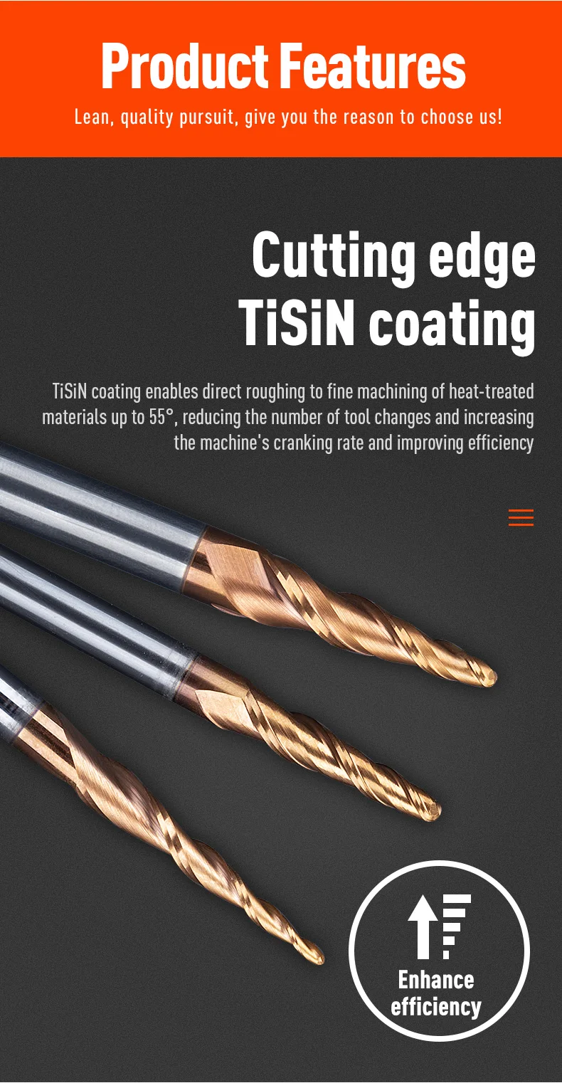 HUHAO Spiral Ball Nose Tapered End Mill Engraving Bit HRC55 CNC End Mill 4mm 6mm 8mm 3D Carving Bits Wood Metal Tools