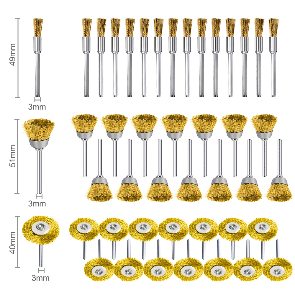 XCAN 45pcs Steel Wire Brass Wheel Cup Brush Set 3mm Shank Polishing Brush Mini Drill Rust Removal for Dremel Rotary Tool