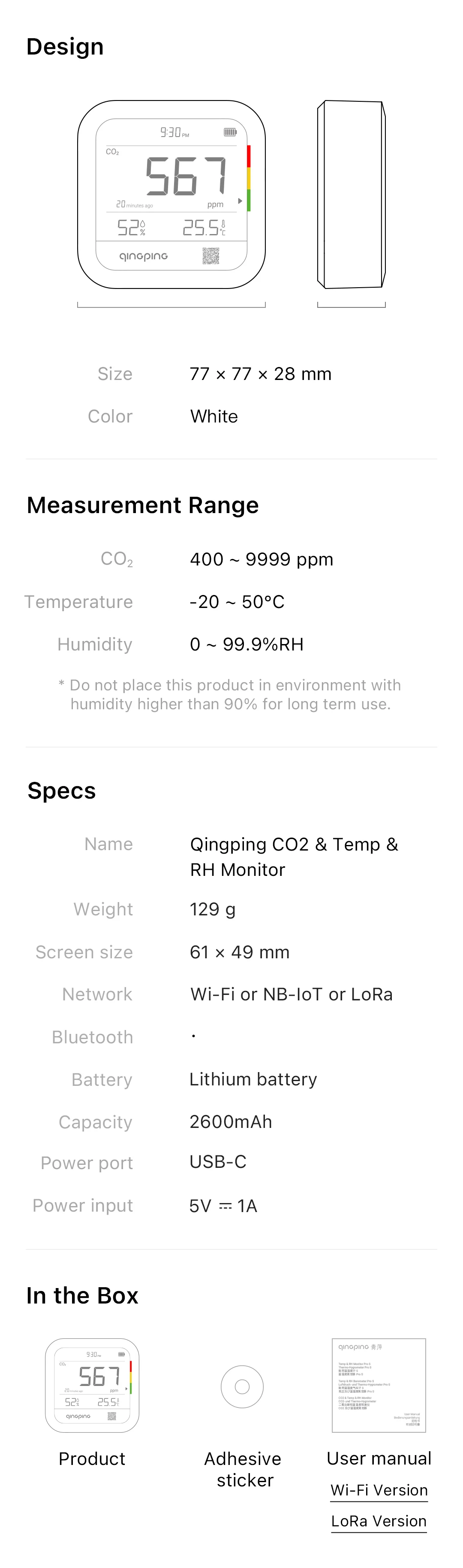 Qingping Thermometer Hygrometer CO2 Detetor, Remote Monitoring, Temperature & Humidity Monitor,Fast Alert Notification, Recharge