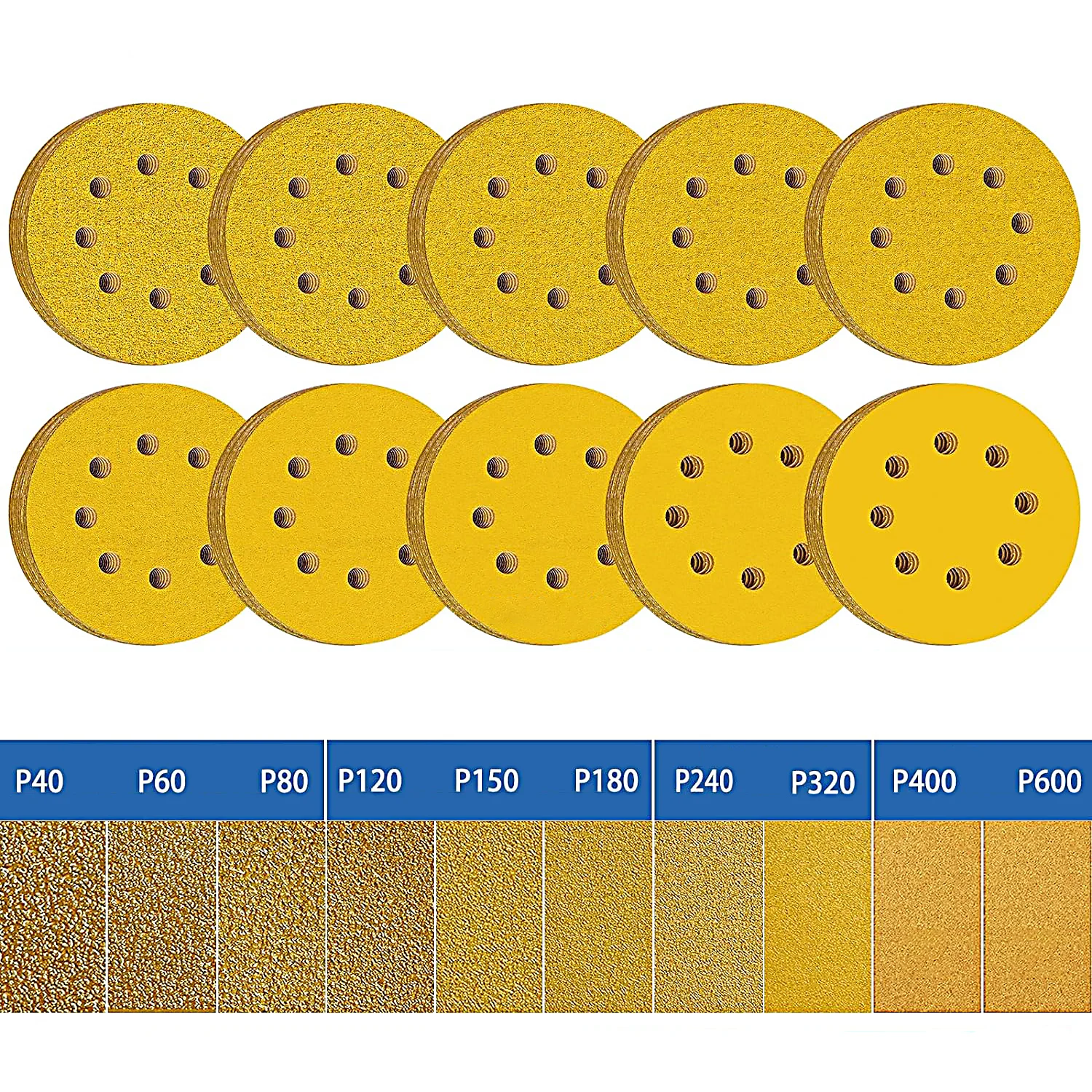 125mm 5 Inch 8 Holes Yellow Sandpaper, Sanding for Discs Grinder Car Woodworking Metal Grinding Disc Abrasive Polishing Tool