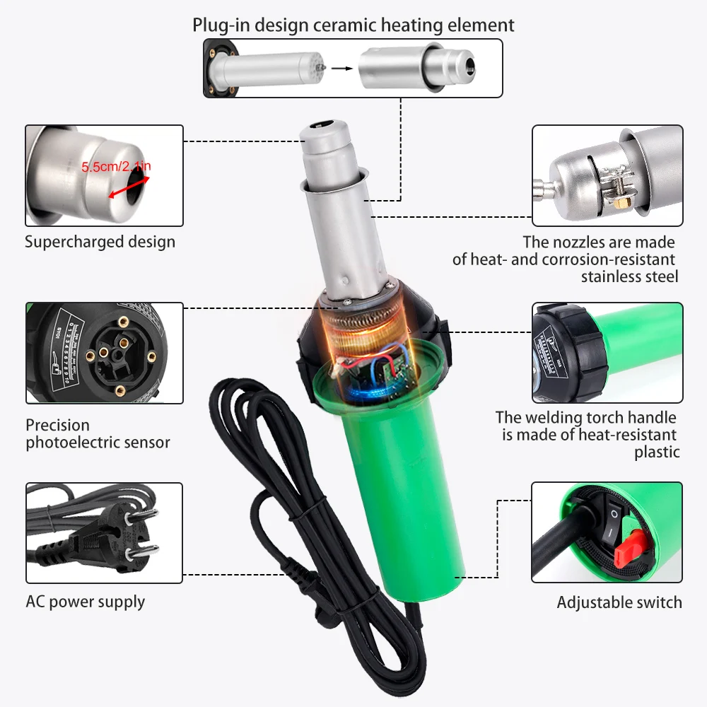 AC220V 1600W Plastic Welding Gun Machine Electric Hot Air Gun Plastic Welding Torch + Heating Core + Flat Head Accessories