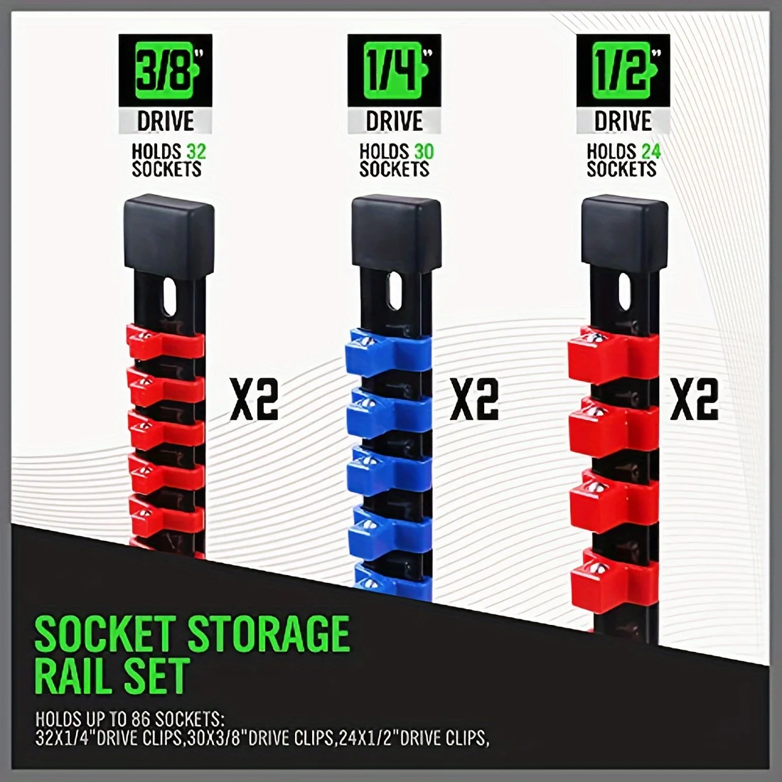 Socket Organizer Drive 6PCS 1/4-Inch x 32 Clips 3/8-Inch x 30 Clips 1/2-Inch x 24 Clips Premium Quality Socket Clip Rail Holder