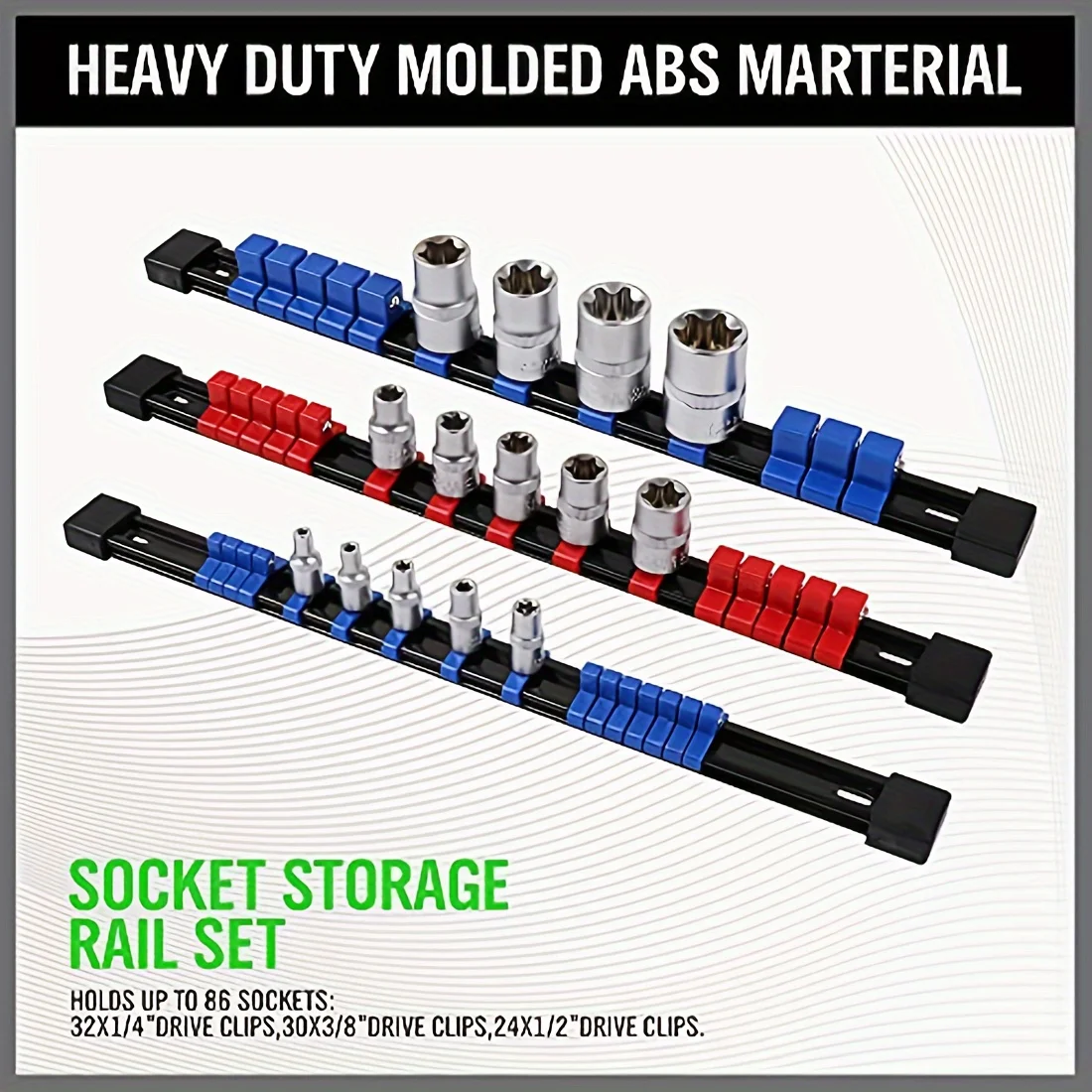 Socket Organizer Drive 6PCS 1/4-Inch x 32 Clips 3/8-Inch x 30 Clips 1/2-Inch x 24 Clips Premium Quality Socket Clip Rail Holder