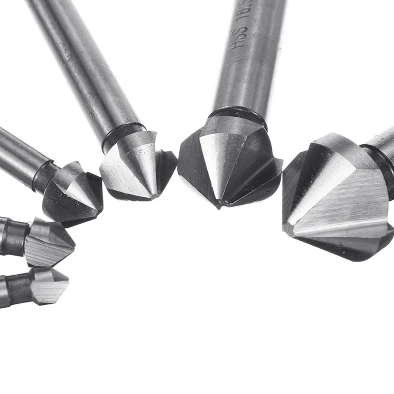 6Pcs HSS Chamfering End Mill Cutter Set 3 Flute Round Shank 6.3-20.5mm Tapered Drill Bit 90 Degree Countersink Deburring Tool
