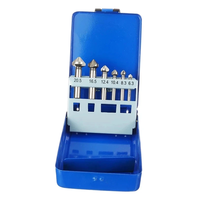 6Pcs HSS Chamfering End Mill Cutter Set 3 Flute Round Shank 6.3-20.5mm Tapered Drill Bit 90 Degree Countersink Deburring Tool