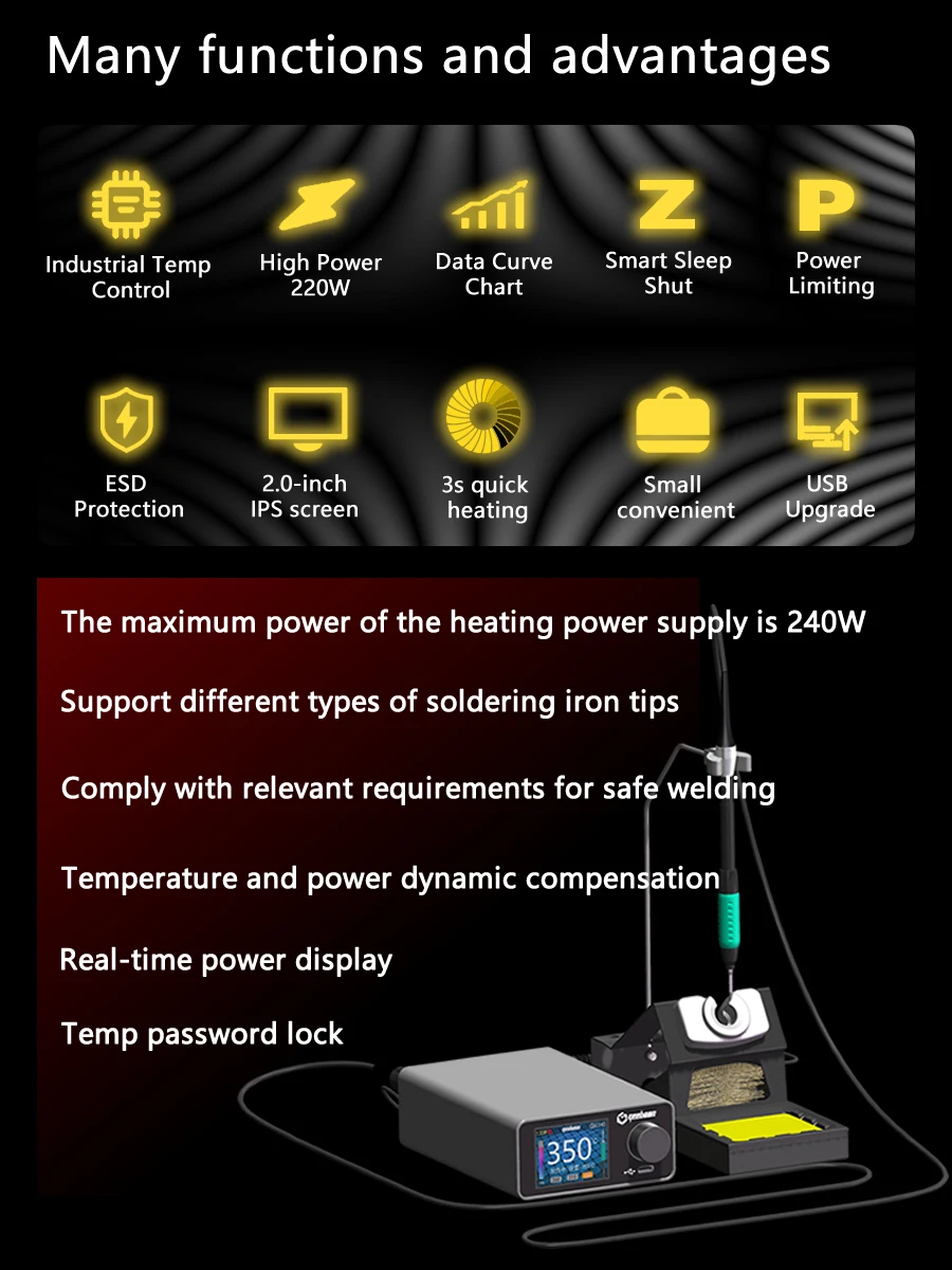 GEEBOON 220W TC22 soldering station compatible with 115/210/245/T12 soldering tip color curve display soldering rework station