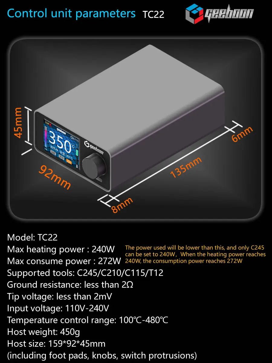 GEEBOON 220W TC22 soldering station compatible with 115/210/245/T12 soldering tip color curve display soldering rework station